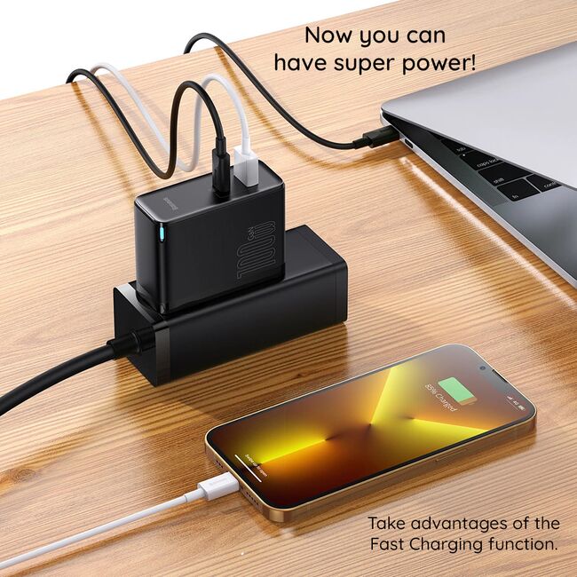 Incarcator priza Fast Charge 2in1 Baseus GaN5 Pro, 100W, alb