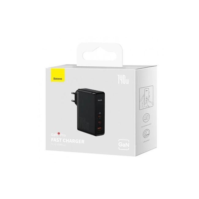 Incarcator priza Fast Charge 3in1 Baseus GaN5 Pro, 140W cu cablu type-c la type-c 1m, negru