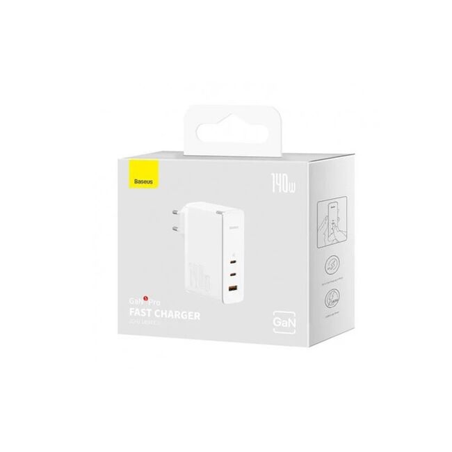 Incarcator priza Fast Charge 3in1 Baseus GaN5 Pro, 140W cu cablu type-c la type-c, 1m, alb