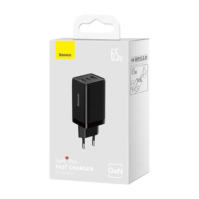 Incarcator priza Fast Charge 3in1 Baseus GaN5 Pro, 2xType-C, USB, 65W, cu Cablu Type-C la Type-C, 100W, 1m, negru