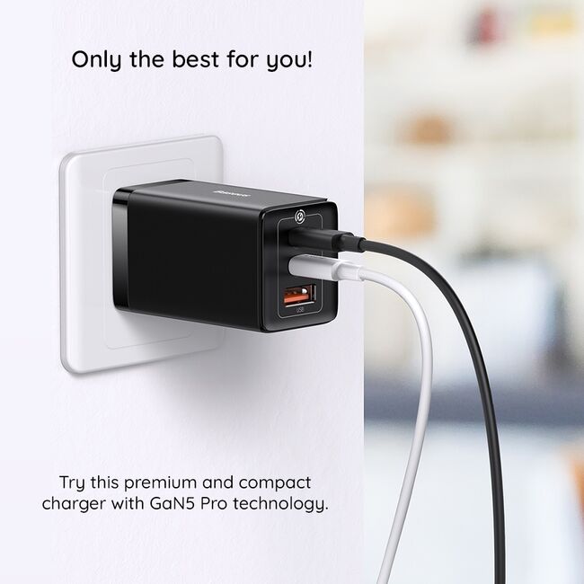 Incarcator priza Fast Charge 3in1 Baseus GaN5 Pro, 2xType-C, USB, 65W, cu Cablu Type-C la Type-C, 100W, 1m, negru