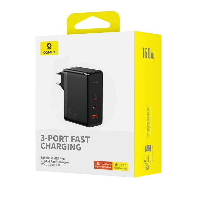 Incarcator priza tip C USB Baseus GaN5 Pro Digital, 160W 2xType-C, USB, 160W, cu Cablu Type-C, 240W, negru
