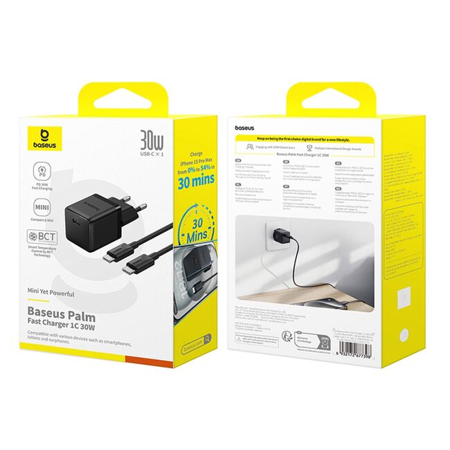Incarcator priza Baseus - wall charger palm (p10111605113-01) - fast charger, cu cablu type-c la type-c, 30w, 5v/3.0a, 1m - cluster black
