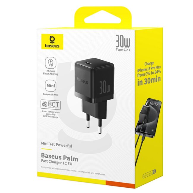 Incarcator priza Baseus - wall charger palm (p10111605213-00) - fast charger, type-c, pd 30w, 5v/3a- moon white