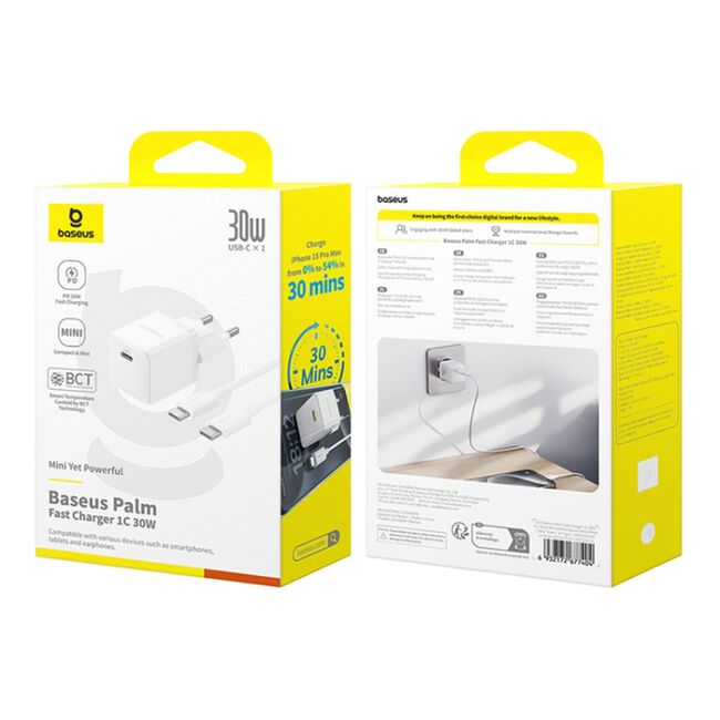 Incarcator priza Baseus - wall charger palm (p10111605213-01) - fast charger, cu cablu type-c la type-c, 30w, 5v/3.0a, 1m - moon white