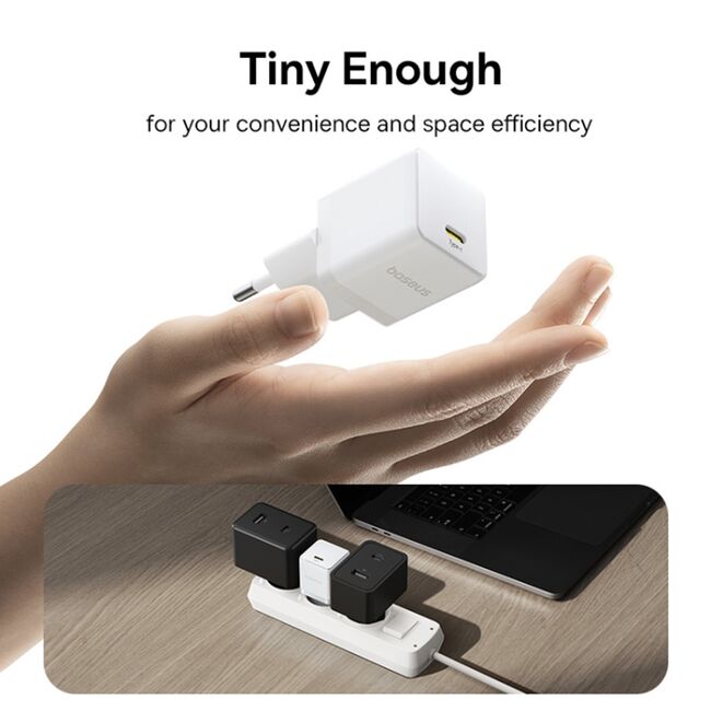 Incarcator priza Baseus - wall charger palm (p10111605213-01) - fast charger, cu cablu type-c la type-c, 30w, 5v/3.0a, 1m - moon white