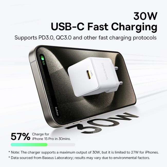 Incarcator priza Baseus - wall charger palm (p10111605213-01) - fast charger, cu cablu type-c la type-c, 30w, 5v/3.0a, 1m - moon white