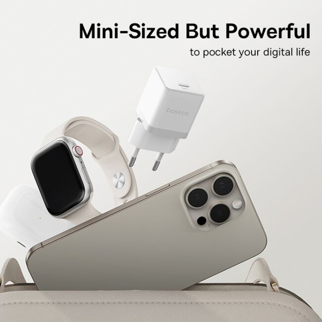 Incarcator priza Baseus - wall charger palm (p10111605213-01) - fast charger, cu cablu type-c la type-c, 30w, 5v/3.0a, 1m - moon white