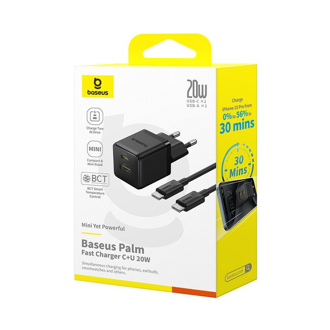 Incarcator priza Baseus - wall charger palm (p10111608113-01) - 2 in 1 fast charger, usb, usb-c, cu cablu USB type-c, 20w, 1m - cluster black