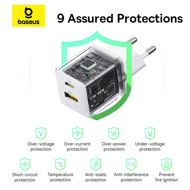 Incarcator priza Baseus - wall charger palm (p10111608213-01) - 2 in 1 fast charger, usb, usb-c, cablu USB type-c 1m, 20W - moon white