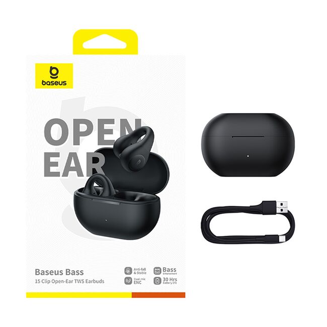 Casti Baseus - wireless earbuds bass 15 clip (a00079500113-00) - true wireless, enc, bluetooth 5.4, open-ear, usb-c - cluster black
