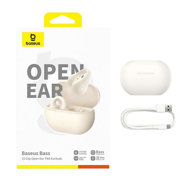 Casti Baseus - wireless earbuds bass 15 clip (a00079500223-00) - true wireless, enc, bluetooth 5.4, open-ear, usb-c - stellar white