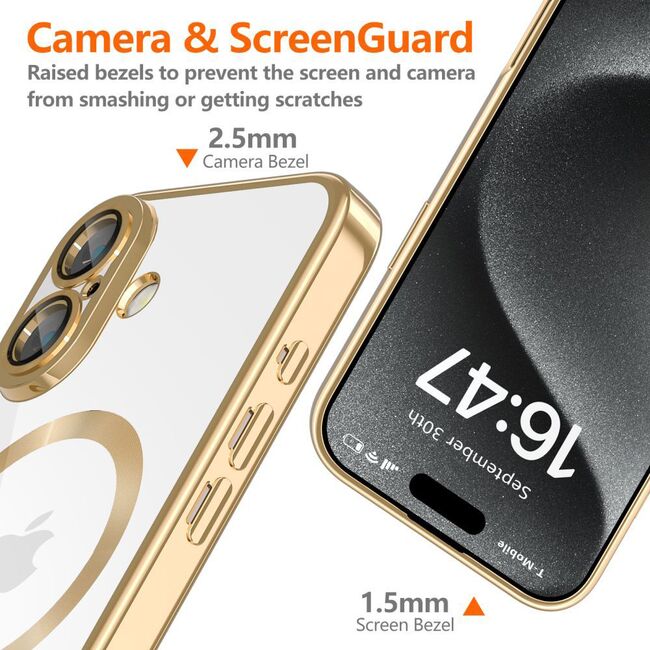 Husa pentru  iPhone 16e cu MagSafe si protectie pentru lentile anti-shock 1.5 mm transparent - Auriu
