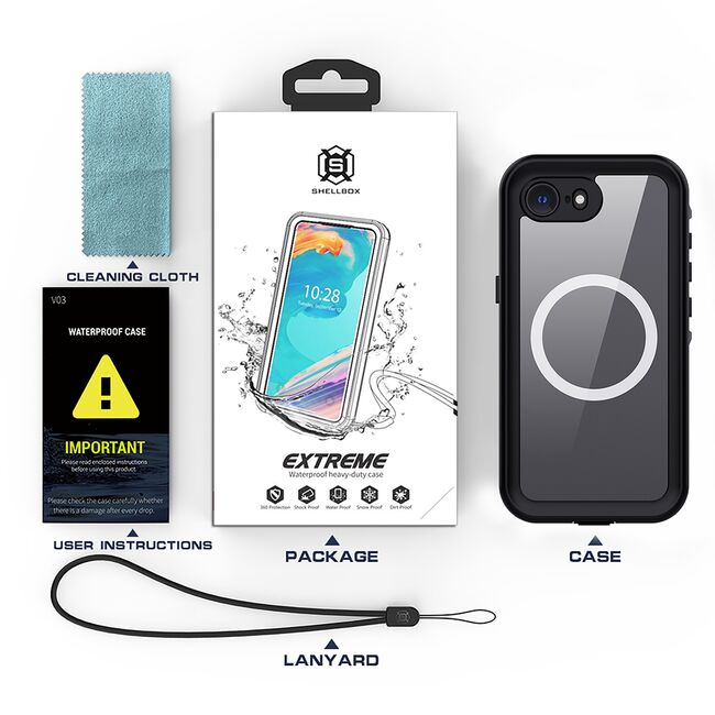 Husa impermeabila iPhone 16e ShellBox Waterproof IP68, negru