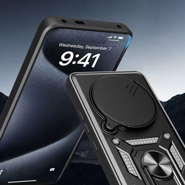 Husa pentru  Realme 14 Pro 5G Ring Armor Kickstand Tough Rugged Cover cu protectie camera, Negru royal