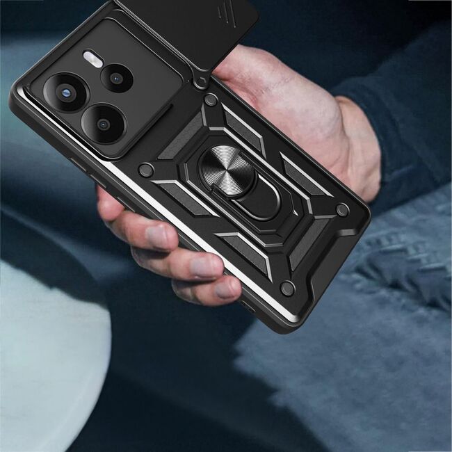 Husa pentru  Xiaomi Redmi Note 14 4G Ring Armor Kickstand Tough Rugged Cover cu protectie camera, Negru