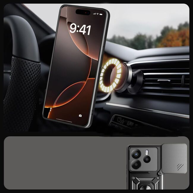Husa pentru  Xiaomi Redmi Note 14 4G Ring Armor Kickstand Tough Rugged Cover cu protectie camera, Negru