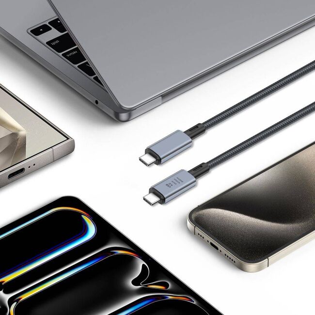 Cablu video si incarcare de la USB-C la USB-C 4.0 PD 240W / 40Gbps – 8K 60Hz, incarcare Rapidă, 1m, compatibil laptop, Macbook, Gri Metalizat