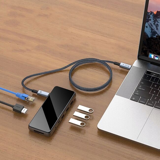 Cablu video si incarcare de la USB-C la USB-C 4.0 PD 240W / 40Gbps – 8K 60Hz, incarcare Rapidă, 1m, compatibil laptop, Macbook, Gri Metalizat