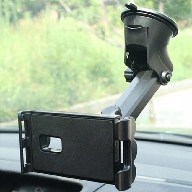 Suport Auto Universal pentru Telefon și Tabletă până la 11" – Montaj pe Parbriz sau Bord, Braț Lung, Rotire 360°, Negru