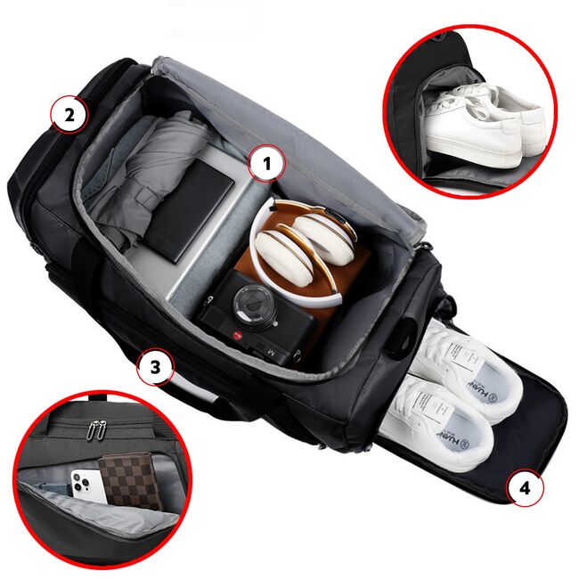 Geanta multifunctionala voiaj / sport – 40L, Impermeabila, cu Buzunar Termic și Compartiment pentru incaltaminte, Ideala pentru Sala, Calatorii si Antrenamente, 54 x 26 x 28 cm