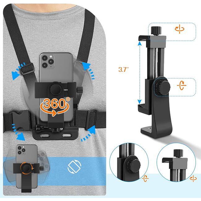 Ham Sport pentru Piept cu Suport pentru Cameră și Telefon – Compatibil GoPro, DJI, SJCAM, Telefoane 4-7", Negru