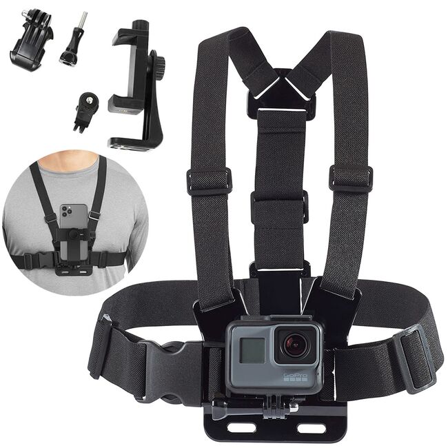 Ham Sport pentru Piept cu Suport pentru Cameră și Telefon – Compatibil GoPro, DJI, SJCAM, Telefoane 4-7", Negru