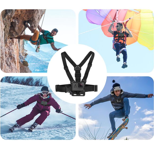 Ham Sport pentru Piept cu Suport pentru Cameră și Telefon – Compatibil GoPro, DJI, SJCAM, Telefoane 4-7", Negru