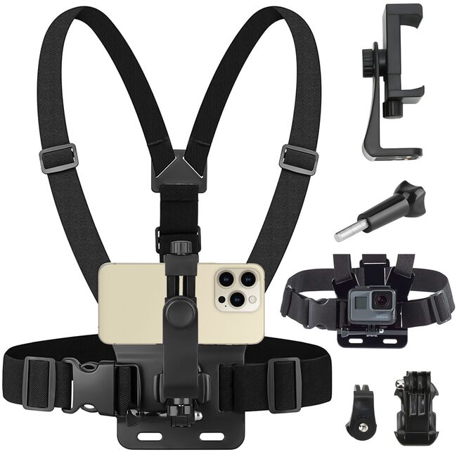 Ham Sport pentru Piept cu Suport pentru Cameră și Telefon – Compatibil GoPro, DJI, SJCAM, Telefoane 4-7", Negru