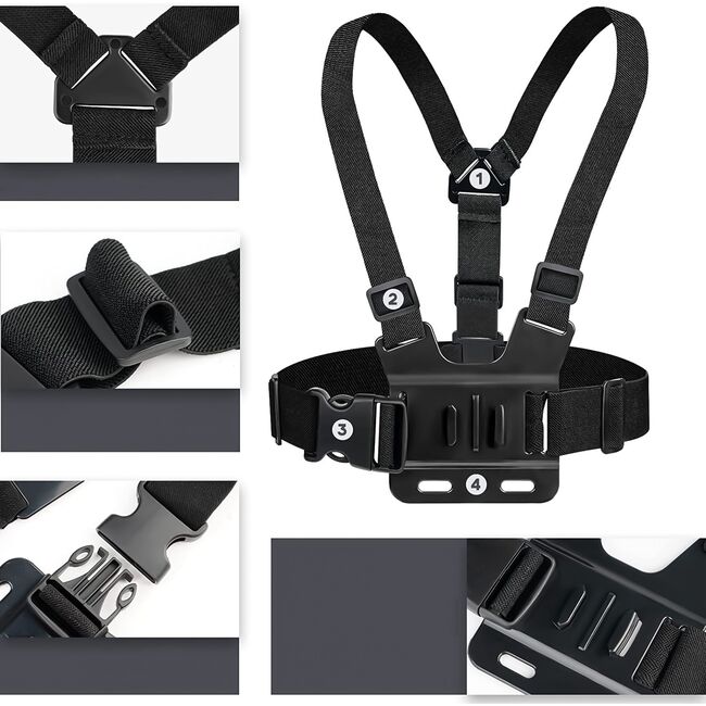 Ham Sport pentru Piept cu Suport pentru Cameră și Telefon – Compatibil GoPro, DJI, SJCAM, Telefoane 4-7", Negru