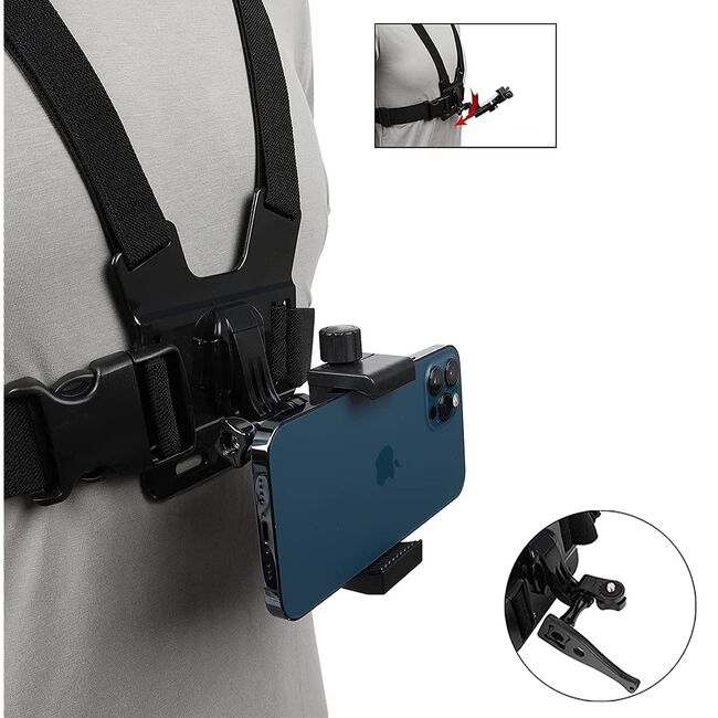 Ham Sport pentru Piept cu Suport pentru Cameră și Telefon – Compatibil GoPro, DJI, SJCAM, Telefoane 4-7", Negru