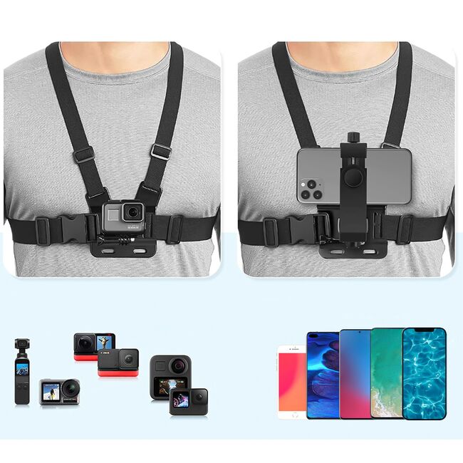Ham Sport pentru Piept cu Suport pentru Cameră și Telefon – Compatibil GoPro, DJI, SJCAM, Telefoane 4-7", Negru