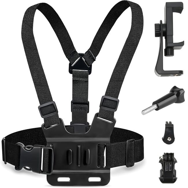 Ham Sport pentru Piept cu Suport pentru Cameră și Telefon – Compatibil GoPro, DJI, SJCAM, Telefoane 4-7", Negru