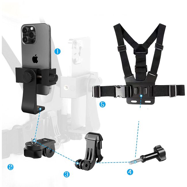 Ham Sport pentru Piept cu Suport pentru Cameră și Telefon – Compatibil GoPro, DJI, SJCAM, Telefoane 4-7", Negru