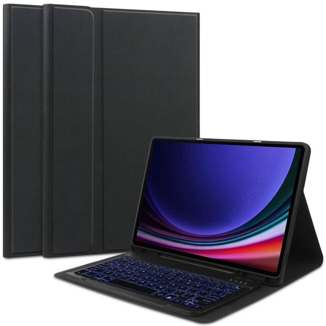 Husa pentru Samsung Galaxy Tab S10 FE 10.9 cu tastatura iluminata wireless detasabila RGB 7 lights, Bluetooth, USB Type-C, functie stand si slot stylus + mouse wireless iluminat LED, negru