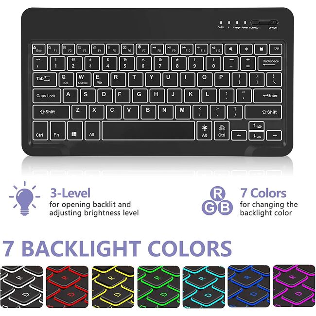 Husa pentru Samsung Galaxy Tab S10 FE 10.9 cu tastatura iluminata wireless detasabila RGB 7 lights, Bluetooth, USB Type-C, functie stand si slot stylus + mouse wireless iluminat LED, negru