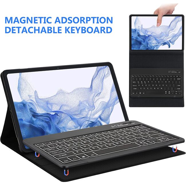 Husa pentru Samsung Galaxy Tab S10 FE 10.9 cu tastatura iluminata wireless detasabila RGB 7 lights, Bluetooth, USB Type-C, functie stand si slot stylus + mouse wireless iluminat LED, negru
