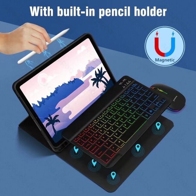 Husa pentru Samsung Galaxy Tab S10 FE 10.9 cu tastatura iluminata wireless detasabila RGB 7 lights, Bluetooth, USB Type-C, functie stand si slot stylus + mouse wireless iluminat LED, negru