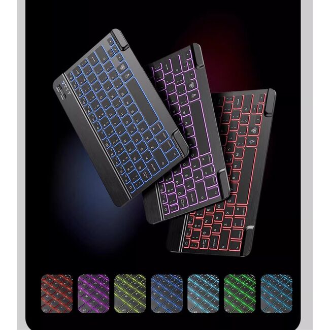 Husa pentru Samsung Galaxy Tab S10 FE 10.9 cu tastatura iluminata wireless detasabila RGB 7 lights, Bluetooth, USB Type-C, functie stand si slot stylus + mouse wireless iluminat LED, negru