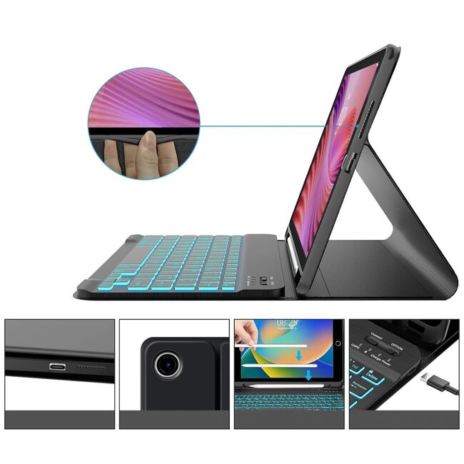 Husa pentru Lenovo Tab 10.1 2025 TB311 cu tastatura iluminata wireless detasabila RGB 7 lights, Bluetooth, USB Type-C, functie stand si slot stylus, negru