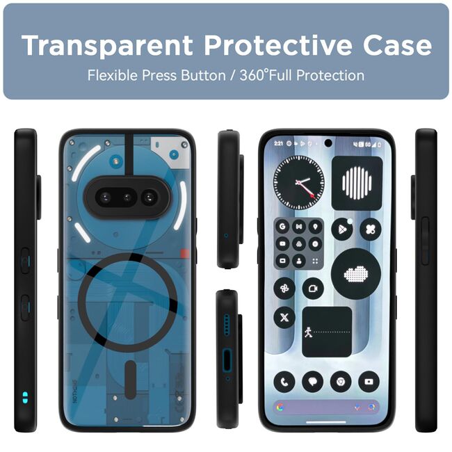 Husa pentru Nothing Phone (3a) compatibila MagSafe, cu protectie lentile, Anti-Scratch, Anti-Fingerprint, Anti-Oil, Never-Yellow, transparent / negru