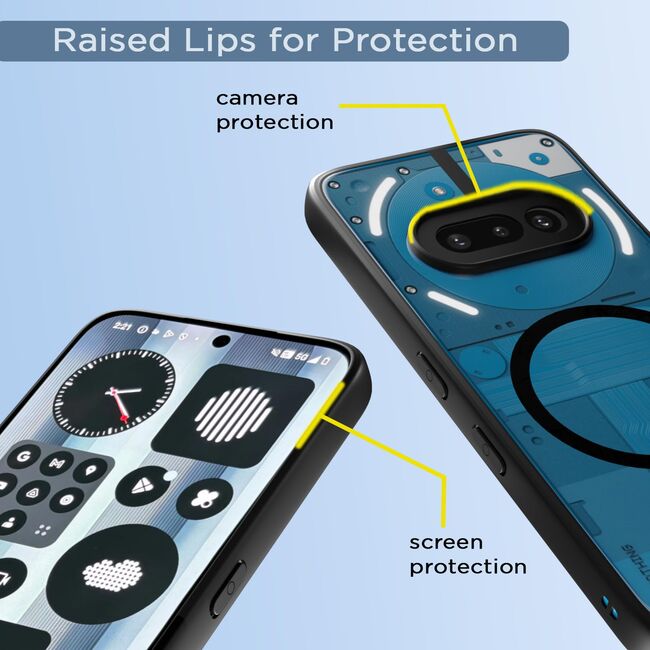Husa pentru Nothing Phone (3a) compatibila MagSafe, cu protectie lentile, Anti-Scratch, Anti-Fingerprint, Anti-Oil, Never-Yellow, transparent / negru
