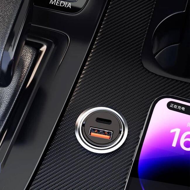 Incarcator Auto Mini 48W Fast Charge QC și PD – USB-C & USB-A, Carcasa Metalica, Negru