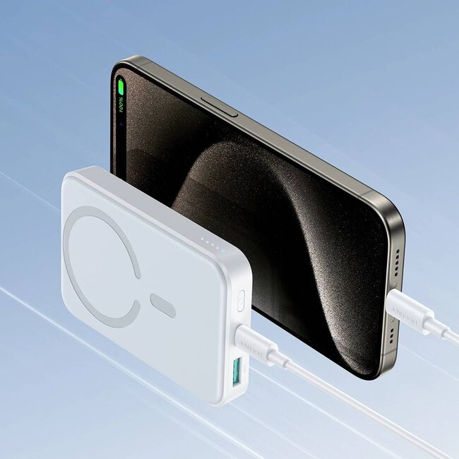 Powerbank Wireless compatibil MagSafe, incarcare rapida 20W, 10000mAh + Cablu USB-C – USB-C, Joyroom JR-W020, Alb