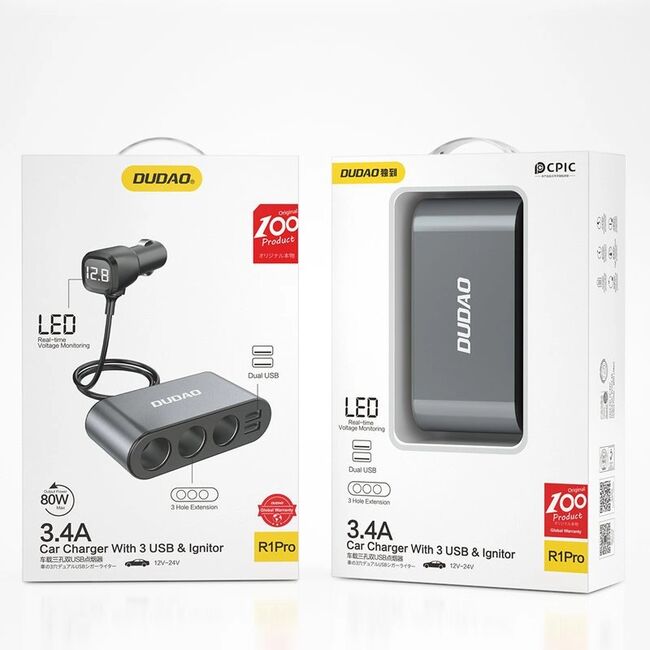 Incarcator auto 2 x USB + Splitter cu 3 prize bricheta – 3.4A, 12-24V, Negru