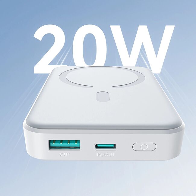 Powerbank Wireless compatibil MagSafe, incarcare rapida 20W, 10000mAh + Cablu USB-C – USB-C, Joyroom JR-W020, Alb