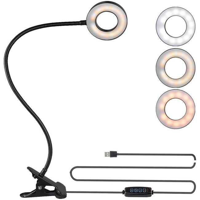 Lampa LED Inelara cu Brat Flexibil si Clema pentru prindere – 3 Culori de Lumina, 10 Niveluri de Intensitate, Control pe Fir, Alimentare USB, Negru