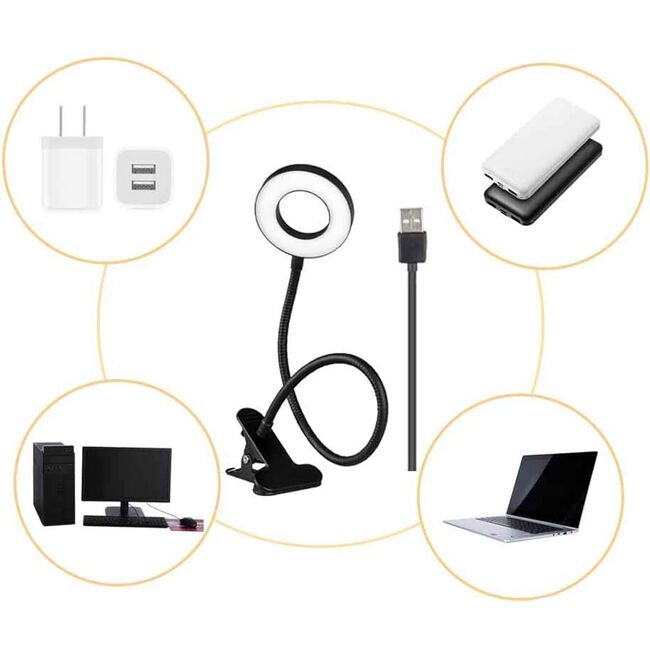 Lampa LED Inelara cu Brat Flexibil si Clema pentru prindere – 3 Culori de Lumina, 10 Niveluri de Intensitate, Control pe Fir, Alimentare USB, Negru