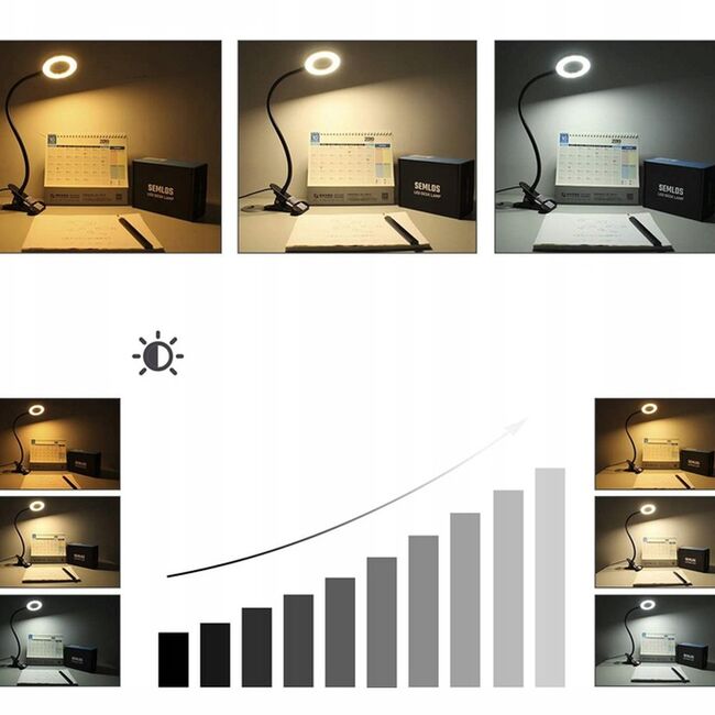 Lampa LED Inelara cu Brat Flexibil si Clema pentru prindere – 3 Culori de Lumina, 10 Niveluri de Intensitate, Control pe Fir, Alimentare USB, Negru
