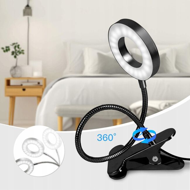Lampa LED Inelara cu Brat Flexibil si Clema pentru prindere – 3 Culori de Lumina, 10 Niveluri de Intensitate, Control pe Fir, Alimentare USB, Negru